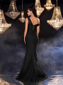 Glamrae Váy dạ hội trang trọng xếp ly vải kaki tối giản, viền voan mỏng - màu đen - Xem 2