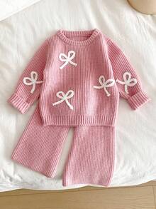 Genkimix Kids New Fashionable Versatile Cute Bow Decor Girls Pullover Sweater And Flare Pants 2 Pieces Set Girls Sweater Sets Girls Pink Knit Set Girls Ribbed Set Girl Knit Set Girls Pink Two Piece Set Toddler Girls Sweater Young Girls Fall Outfits Young Girls Winter Clothes Kids Fall Clothes Girls Knit Set Bow Knit Pink Sweater