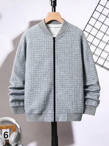 SHEIN Tween Boy 休闲百搭纹理格子棒球夹克，适合通勤、上学、日常休闲装、运动、秋冬 - 灰色 - 查看 7