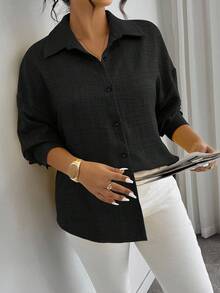 Elenzga Plus Size Autumn Casual Contrast Lace Hollow Back Shirt