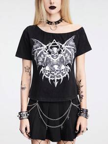 Berkahserawung Distressed Water-Washed T-Shirt With Monster Skull Print
