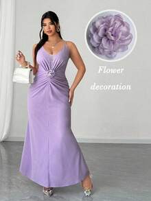 Elenzga Plus Size Women's Elegant Romantic Party Sleeveless Cinched Waist 3D Floral Decor V-Neck Maxi Dress - Purple - View 1