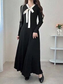 FRIFUL 女式蝴蝶结领装饰 A 字形拼色毛衣裙 - 黑色 - 查看 3