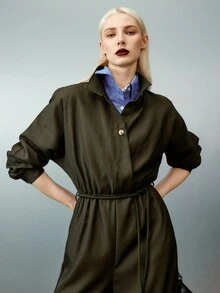 Airlisse Vintage Military Green Collared Shirt With Drawstring Jumpsuit, Suitable For Spring And Autumn Fall Cloth For Women