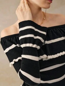 Cévolie 时尚露肩条纹长袖上衣