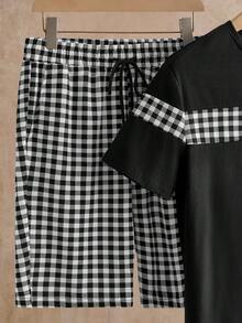 Manfinity NXTstreet 2件套男士休闲针织拼布插肩短袖T恤和抽绳腰短裤套装 - 黑與白 - 查看 6