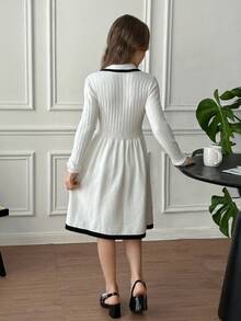 SHEIN Tween Girl Casual Fashion Versatile Cable Knit Contrast Trim Collared Long Sleeve Cinched Waist Sweater Dress, Suitable For Weekend, Casual Outing, Back To School, Suitable For Winter, Casual, Preppy, Cute & Casual & Vintage, Great For Autumn/Winter Casual, Daily Wear, School - White - View 10