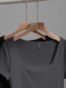 SHEIN EZwear 2 件女式方领短袖休闲修身性感 T 恤，黑色和深灰色，适合夏季 - 彩色 - 查看 3