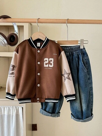 SHEIN 男童休闲舒适百搭撞色厚夹克，冬季