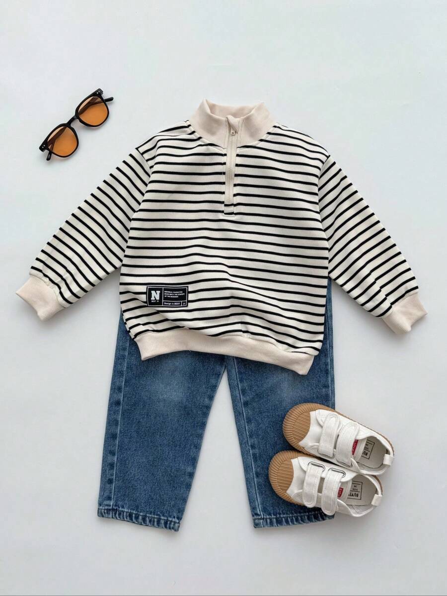 2 Stücke Kleine Jungen Mehrfarbig Herbst/Winter Halb-Rollkragen Reißverschluss Aprikose Loose Gestreift Pullover Hoodie und Lässige Verwaschen Lang Hose Trainingsanzug Set, geeignet für Zuhause, Outdoor, Schule, Straßenfotografie, Koreanischer Stil