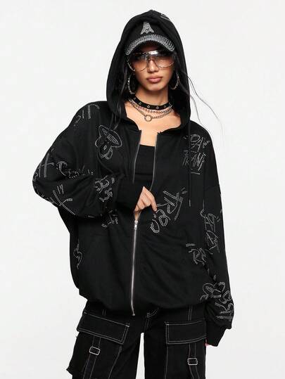 Paul Frank X ROMWE Sudadera con capucha con cierre de estilo callejero, con estampado de logotipo completo y adornos de strass de gran tamaño