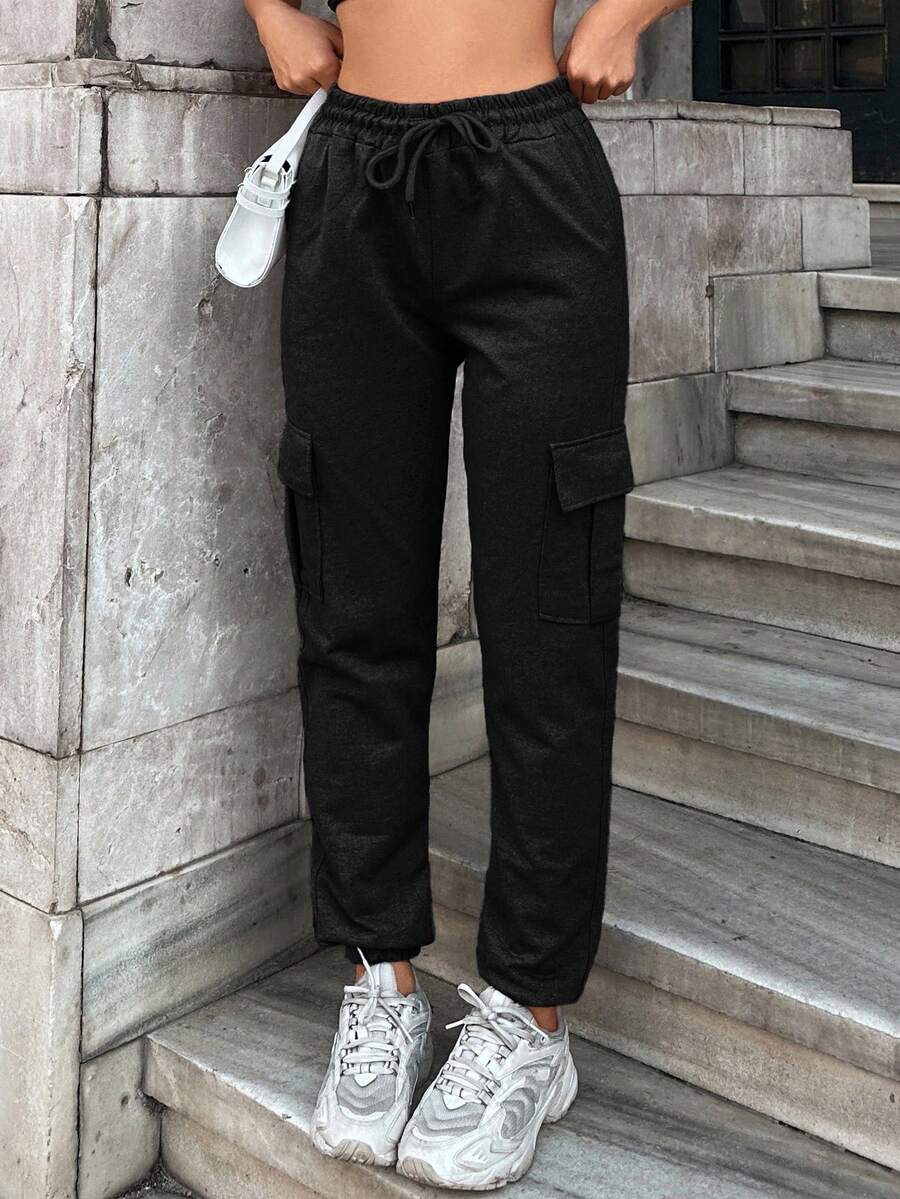 SHEIN Cottnline 女士休閒直筒純色褲 - 黑色 - 查看 1