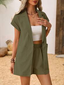 EMERY ROSE Women's Simple Solid Color Single-Button Pocket Blazer And Shorts Set, Summer - Army Green - View 3