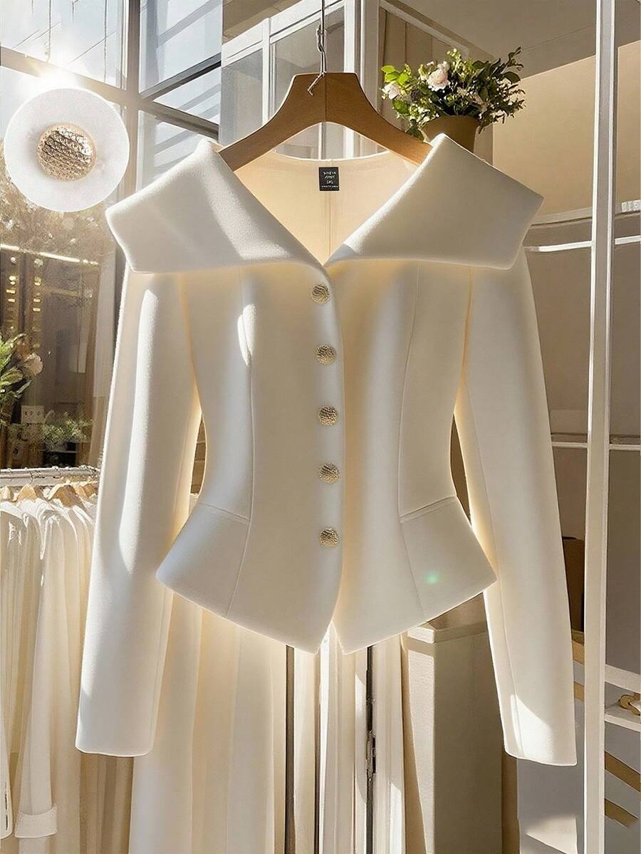 GlowEve CURVE 女士时尚腰部收腰翻领长袖夹克外套 - 白色 - 查看 1