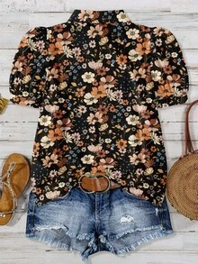 EMERY ROSE 大码休闲假日印花泡泡袖女式衬衫，适合夏季穿着，复活节、波西米亚风、文艺复兴集市、婚礼宾客、母亲节等场合，简约时尚，度假休闲，波西米亚风女式夏季衬衫，印花衬衫，印花女式衬衫，波西米亚风女式印花衬衫 - 彩色 - 查看 2