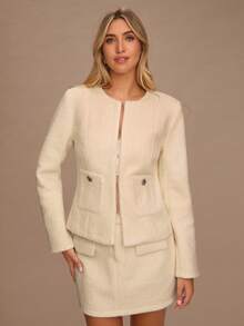 Enchnt 女式纯色长袖双口袋优雅经典夹克，秋冬 - 米色 - 查看 2