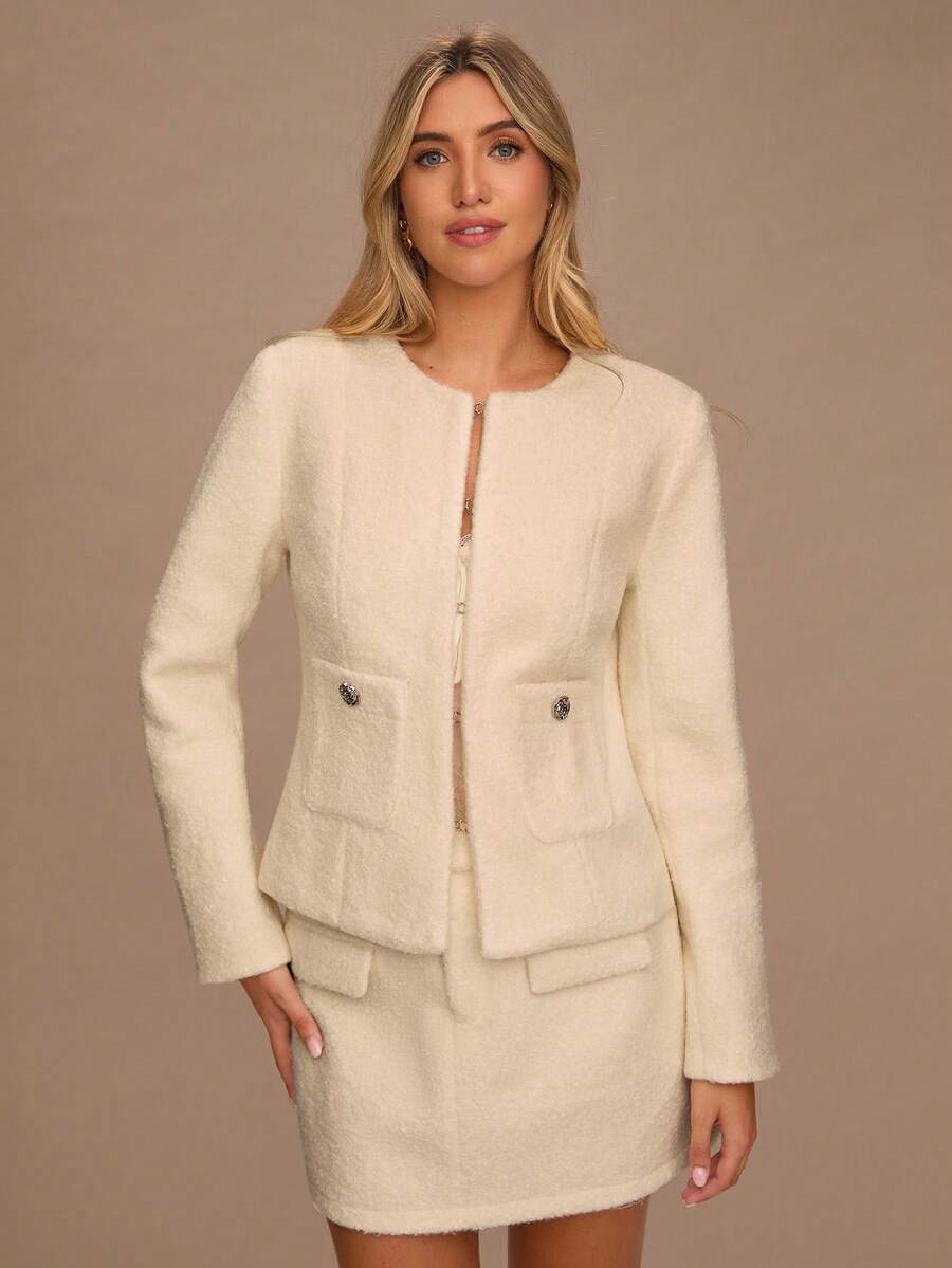 Enchnt 女式纯色长袖双口袋优雅经典夹克，秋冬