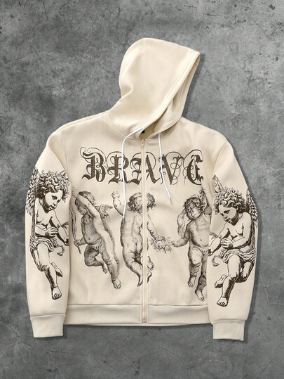 Street Life Felpa con cappuccio da uomo in stile rinascimentale vintage con stampa di angeli, aperta davanti, adatta per uso quotidiano, autunno/inverno