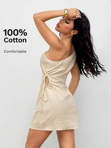 SHEIN PETITE Apricot Asymmetrical Neck Mini Dress With Knot Detail For Casual Summer Style One Shoulder Sleeve Beige Vacation - Apricot - View 2