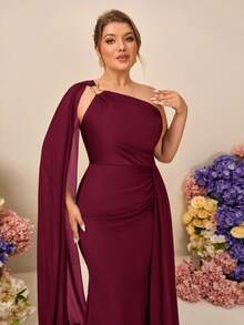 SHEIN Belle Plus Size Elegant Minimalist Red Asymmetric Shoulder Sequin Sleeve Bodycon Ruched Side Slit Maxi Bridesmaid Dress