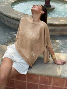 Aloruh 新款时尚杏色多功能针织提花镂空连体露背披肩领多穿度假风轻薄罩衫