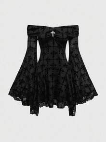 ROMWE Goth 浪漫复古宫廷哥特式十字植绒露肩连衣裙 - 黑色 - 查看 5