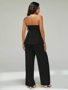SHEIN PETITE 女士时尚纯色抹胸上衣和裤子两件套 - 黑色 - 查看 2