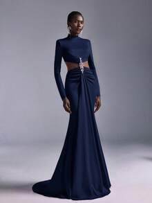 Elitara Minimalist Red Rhinestone Embellished Mermaid Maxi Dress, Suitable For Attending Parties, Gatherings, And Formal Dinners - Navy Blue - View 7