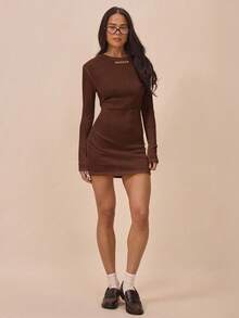 MUSERA Vestido mini de manga larga con cuello de equipo, bordado con eslogan, ligero, para verano, para ir a la librería, Ibiza, playa, festival, concierto, fiesta, cita nocturna, noche de cumpleaños, fiesta de noche - Marrón - Ver 5