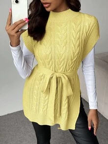 EMERY ROSE Chaleco de punto de cuello redondo minimalista de unicolor para mujer - Amarillo claro - Ver 4