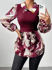 EMERY ROSE Marble Print Contrast Color Knit Ribbed 2 In 1 Top Puff Sleeve Blouse Marble Print Blouse Lantern Sleeve Blouse Women Blouses Long Sleeve Peplum Blouse - Burgundy - View 6