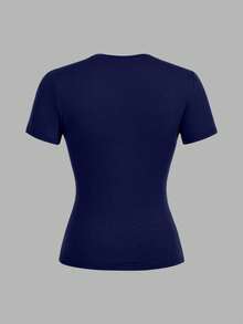 SHEIN EZwear 2pcs Casual Minimalist Black & Navy Blue Short Sleeve Crew Neck Basic T-Shirts With Pony Print, Suitable For Spring/Summer - Multicolor - View 4