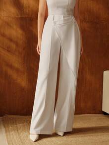 Anewsta Women's Solid Color Asymmetrical Waist Loose Draping Elegant Straight Pants, Suitable For Daily Commute And Party Occasions, Autumn