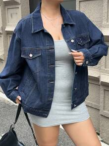 Dazy Plus 大码女式深水洗蓝色宽松翻领长袖休闲外套，春秋夹克