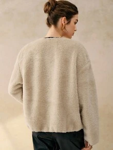 Cévolie 女士秋冬新款百搭圆领宽松羊羔绒抓绒复合皮草外套 - 杏色 - 查看 2