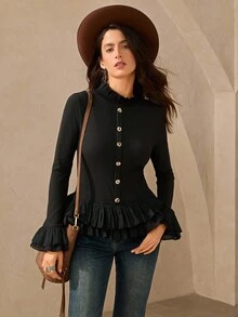 Wildy Romantic Bohemian Ruffle Trim Black Long Sleeve Street Fashion T-Shirt Western Blouse Black Peplum Top Black Ruffle Blouse Women Western Tops Black Button Down Blouse - Black - View 3