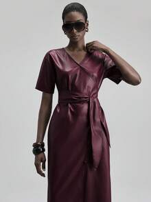 Ontre Elegant Women's Burgundy Autumn Long Dress,V-Neck Tie-Waist Vintage Casual Office Wear,Business Commuting Dining Outfits,Christmas Halloween Uniform - Burgundy - View 1