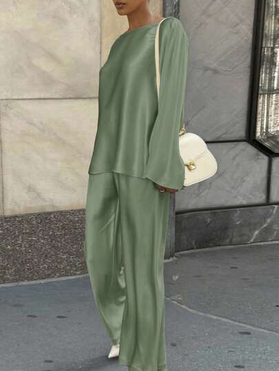 Siren Gaze 2pcs Women Casual Solid Color Long Sleeve Top & Pants Set Winter Green
