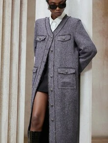 Aveloria Modichic Thick Tweed V-Neck Frayed Trim Metal Button Decor Long Commuter Jacket