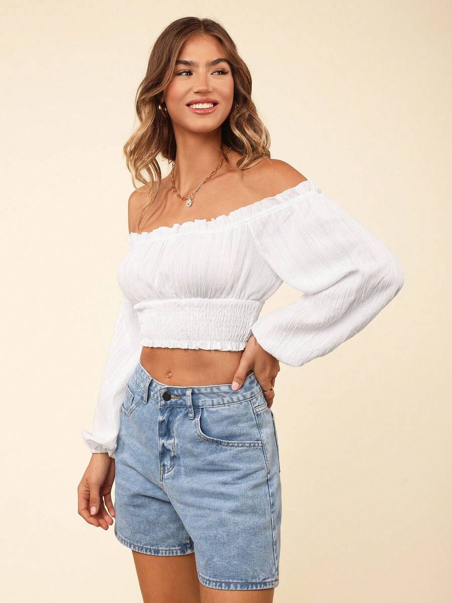 Coeurva Off Shoulder Lantern Sleeve Shirred Hem Blouse - White - View 1