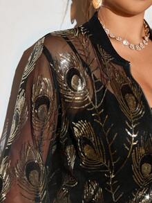 Cravure Plus Size Women Feather Sequin Jacket, Stylish, Elegant, Casual Outerwear For Autumn Winter Fall - Black - View 6