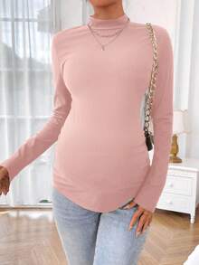 SHEIN Maglietta a maniche lunghe con colletto alla coreana, tinta unita, casual, per gravidanza, autunno/inverno