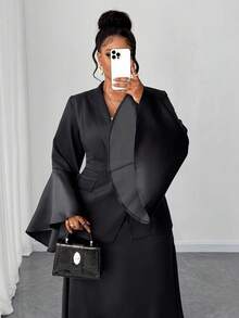 Maweii 大码优雅纯色喇叭袖西装外套 - 黑色 - 查看 1