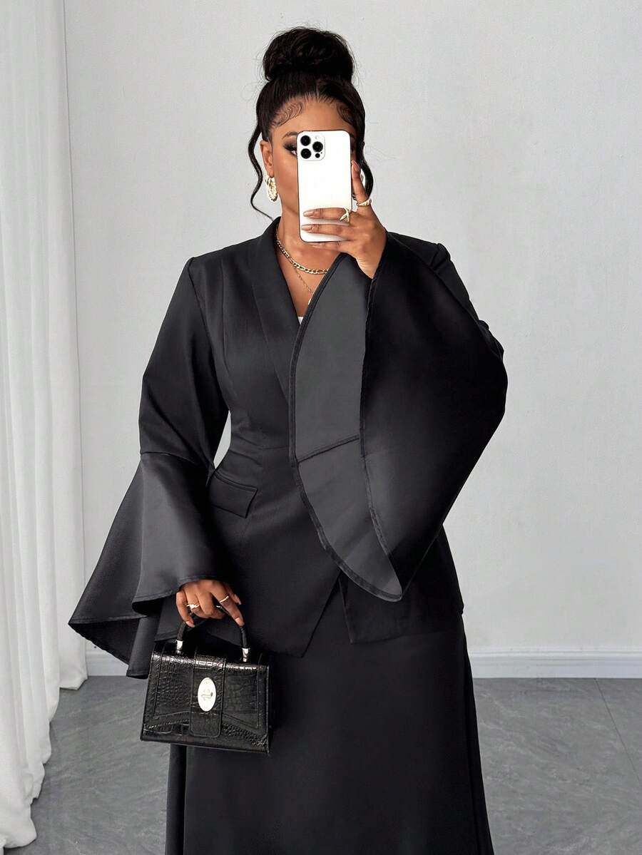 Maweii 大码优雅纯色喇叭袖西装外套 - 黑色 - 查看 1