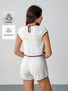SHEIN Tall Women's Solid Color Contrast Trim Linen 2 Pieces Short Sets,White And Black Summer Chic Vacation Holiday Lounge Outfit,Ladies Layering 2pcs Short Set - Apricot - View 2