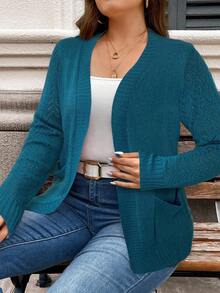 SHEIN LUNE Plus Size Women Hollow Out Long Sleeve Open Front Casual Knit Cardigan, Autumn Winter - Cadet Blue - View 6