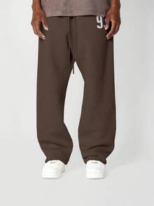 Pantalones de chándal de tiro caído y pierna ancha SUMWON, de felpa cálida de invierno, pantalones de estar por casa casuales con cordón y estampado de números lisos - Marrón Chocolate - Ver 2