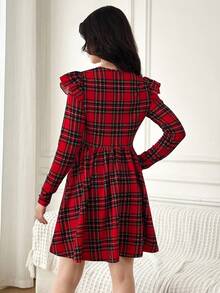 SHEIN 少女休闲红色格子短袖A字长袖连衣裙 - 紅色 - 查看 3