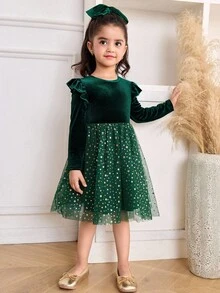 Vestido de fiesta, vestido de Navidad, estilo de palacio lujoso para niña joven con parches de terciopelo, malla brillante con estrellas - Verde - Ver 4