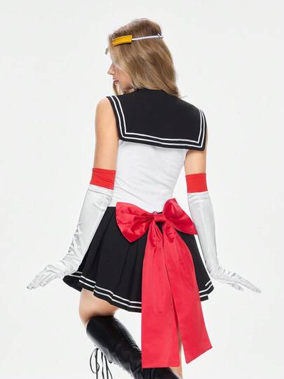 ROMWE Avant Women's Sexy Contrast Color Bowknot Sleeveless Mini Dress, Navy Collar COSPLAY
